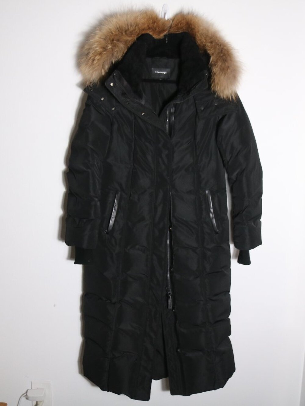 Mackage Jada Duck Down Coat Large Black Hooded‎ Fur Trim Maxi Long Puffer Parka